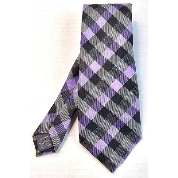 Vince Camuto Mens Handmade Silk Tie Black & Purple Plaid - Picture 1 of 5